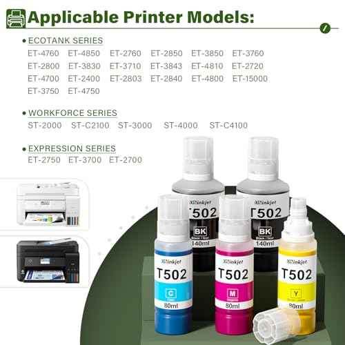 502 Ink Refill Bottles for Eco Tank ET-3760 ET-2850 ET-4760 ET-4850 ET-3850 ET-15000 ET-4750 ET-2750 ET-2760 ET-3700 Printer, 502 T502 Ink Refill Bottles Combo Pack(2BK C M Y)