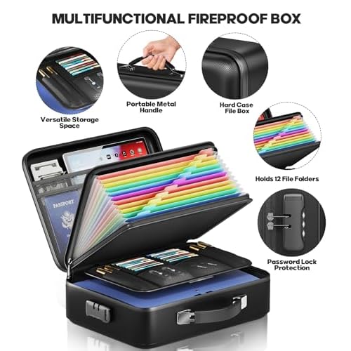 Fireproof Document Box, Hard Case Highly Flame-Resistant Fire Proof Waterproof File Organizer with Lock, Portable Fire Safe for Important Documents & Valuables Storage (Black, ?15"*11"*5")
