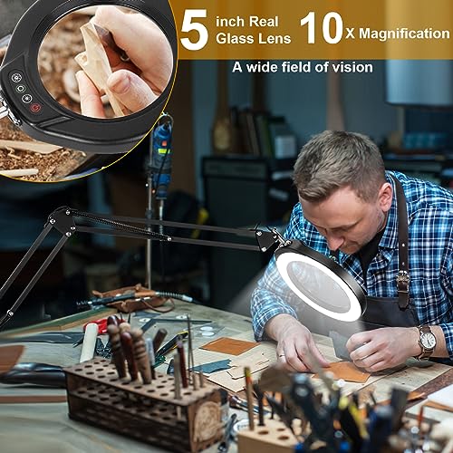 VEEMAGNI 5 Inch Large Magnifying Glass with Light and Stand, 5 Color Modes Stepless Dimmable, 2*16 Inch Swivel Arm LED Clamp Desk Lamp, Hands Free 10X Lighted Magnifier for Close Work Crafts Soldering