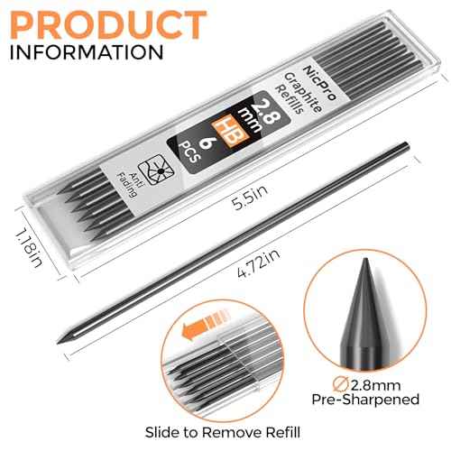 Nicpro 60 Pieces Carpenter Pencil Lead Refills 2.8mm, Lead Refill for Mechanical Carpenter Pencil, Break Resistant 2.8 mm Leads for Construction Pencils, Woodworking Pencils (Black)