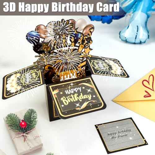 Surprise Pop Up Happy Birthday Cards, Lovely 3D Birthday Card for Adults and Kids with Envelopes, Unique Design Handmade Foldable Greeting Cards for Daughter, Son, Mom, Dad, Friend£¨Black£©