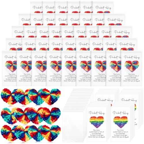 300 Sets Pocket Hug Gift Bulk Rainbow Party Favor Emotional Cheer Support Pride Gift Cute Hand Crocheted Pocket Hug Heart Inspirational Card and Bags Christmas Party Favor for Family Friends