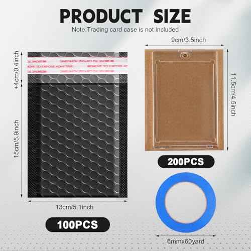 Tatuo 301 Pcs Trading Card Shipping Protector Set Include 200 Corrugated Cardboard Sheets Inserts 100 Poly Bubble Mailers Padded Envelopes and Masking Tape(Black)