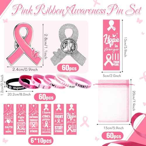 XunYee 240 Pcs Breast Cancer Awareness Items Set Pink Ribbon Silicone Wristband Bracelets with Pins Bookmarks Cancer Awareness Accessories Bulk Gifts for Women Charity Events