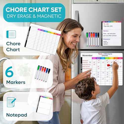 Magnetic Chore Chart Dry Erase Whiteboard Set - Pocket Charts for Multiple Kids, Teens & Adults (15"x 11.5"), Daily to-Do, Grocery, Notes (9"x 7") -Behavior Chart for Fridge & 6 Fine Tip Markers