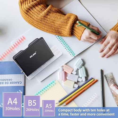 IMLIKE 10-Hole Binding Machine for Planners - Metal Manual Binding System with 10 Multi-Color 30-Hole Loose Leaf Binding Spines - Punches 26 Holes on B5, 30 Holes on A4, 20 Holes on A5 Paper - Black