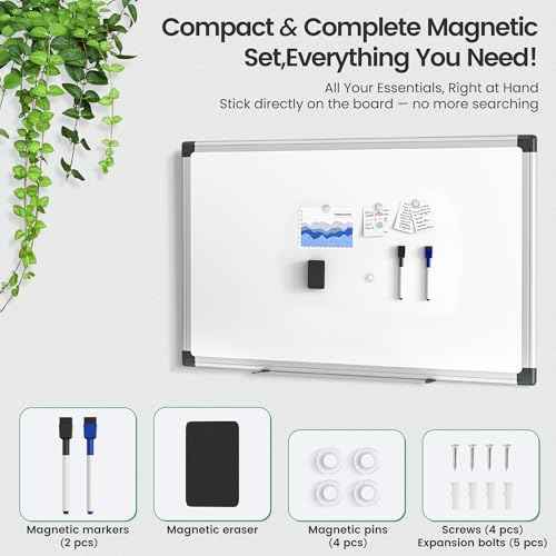 Magnetic White Board 36" x 24" for Wall, Dry Erase Board for Home Office, School, Study Room ? Silver Aluminum Frame, 2 Markers, 4 Magnets, Eraser Included