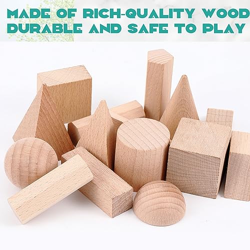Syhood 15 Pcs 3D Geometric Wooden Shapes Large Size - Educational Montessori Blocks