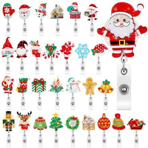 Yinkin 30 Pcs Christmas Retractable Badge Reels Acrylic Gillter Xmas Nurse Id Holder Name Card with Alligator Swivel Clip Santa Claus Snowman Elk Badge Holder for Nurse Gift New Year