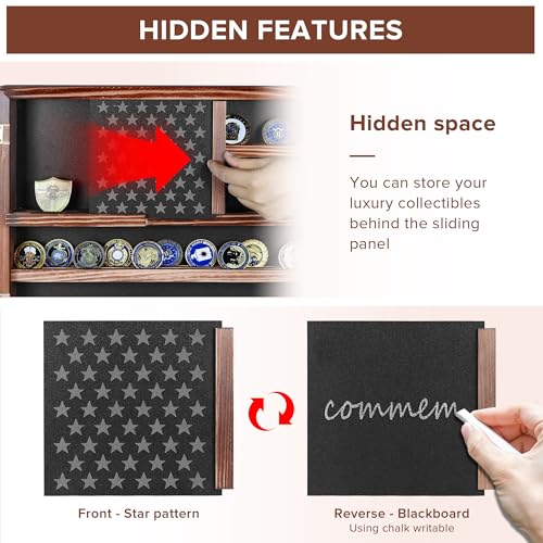 Challenge Coin Display Case, Lockable Military Coin Holder Cabinet with Removable Star Board & HD Tempered Glass Door, Solid Wood Wall Mount Coins Collection Rack Stand