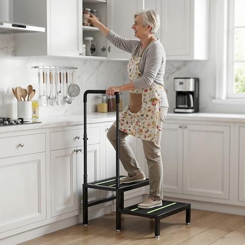 Josmimic 2 Step Stool with Handle - Heavy Duty Non-Slip Bedside Stool (Black, Adjustable Handrail)