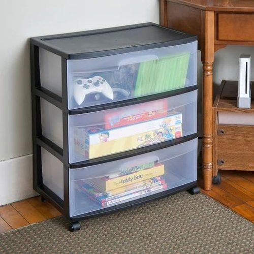3 Drawer Plastic Storage Organizer - Wide Clear Pull Out Drawers, Black Storage Cart