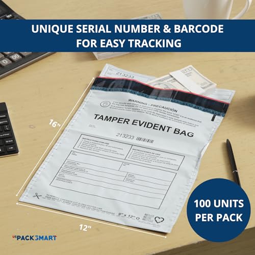 12"x16" Opaque Deposit Bags with Tamper-Evident Tape — Self-Sealing, 100-Pack