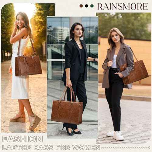RAINSMORE Laptop Bag for Women, 15.6 inch Laptop Tote Bag PU Leather Computer Work Bag Lightweight Shoulder Handbags, Brown