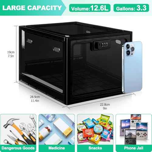 Medicine Lock Box with Code, 12.6L Large Lockable Storage Box for Medication, Snacks, Phone, and Electronics - BPA-Free, Clear Design with Charger Holes for Home, Office, Dorm, and Fridge