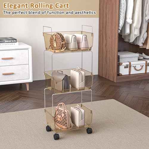 FOLLOWIN 3-Tier Rolling Utility Cart,Plastic Storage Cart with Wheels,Movable Storage Cart Organizer for Living Room,Kitchen,Bathroom,Pantry,Nursery,Amber
