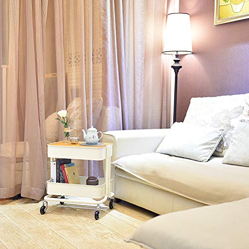 Melody House 2-Tier Metal Utility Rolling Cart Storage Side End Table with Cover Board for Office Home Kitchen Organization, Cream White
