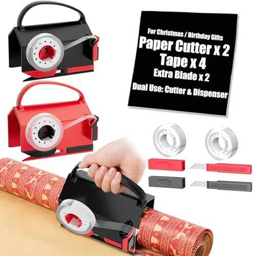 2-Pack Wrapping Paper Cutter & Tape Dispenser for Christmas Gift, Improve Gift Packaging Efficiency, Makes The Cutting line straighter, Cutting Tool with 4 Tapes£¬2 Replace Blades Kit, Red and Black