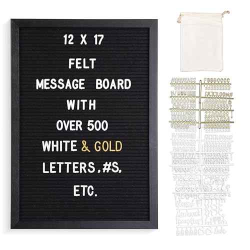 Real Wood Framed Felt Letter Board, Changeable Message Board, 12" x 17", Folding Stand and Wall Mount, 500+ Pieces of White & Gold Letters, Numbers &Words, by Better Office Products (Black/Black)