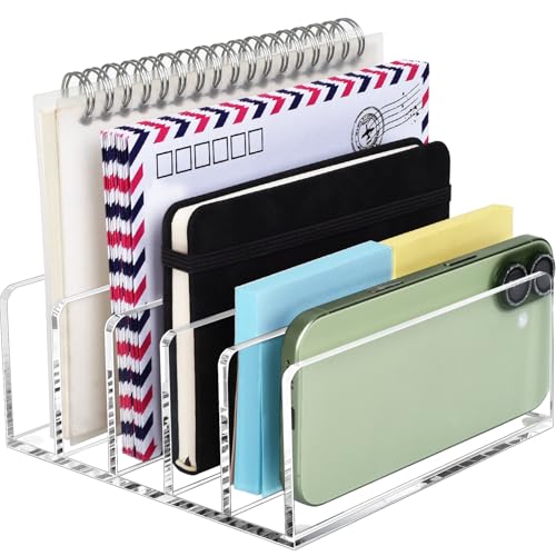 BEYGORM Clear Acrylic Mail Holder with 5 Compartments - Desk Organizer, Medium