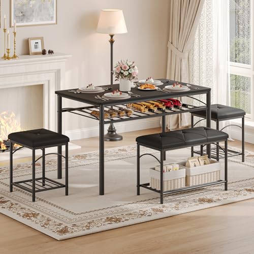 GarveeHome 4-Person Dining Table Set with Upholstered Benches, Black for 4