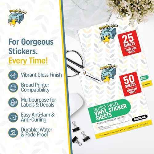 Glossy Printable Vinyl Sticker Paper Waterproof 25 Sheets 8.5"x11", Inkjet Printer (Non-Epson)- White Vinyl Sticker Sheets - Strong Adhesive