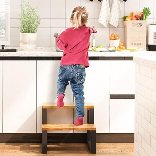 IBUYKE 2-Step Wooden Step Stools for Adults Kids, Heavy Duty Bedside Step Stool with 500 Lbs Capacity, Non-Slip Stepping Foot Stool for Bedroom Livingroom Bathroom Kitchen, Rustic Brown TBD002H