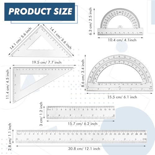 Tenare Clear Math Geometry Ruler & Protractor Set - 6 Pieces, Accurate & Durable
