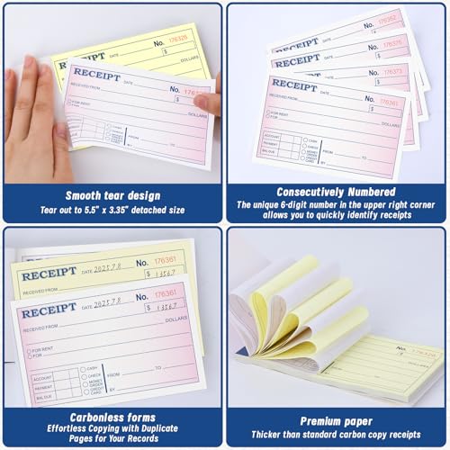 UZLU 40 Pack Rent & Money Receipt Books 2-Part Carbonless, Consecutive 6-Digit Nos, Wraparound Back Cover, 3-11/32 x 5-5/8, Landlord/Small Biz