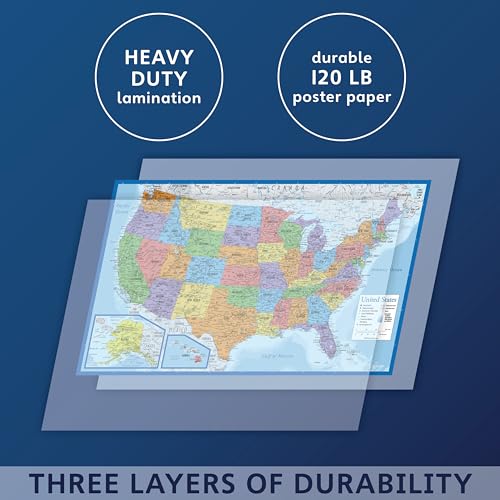 Blue Laminated World & US Map Poster Set - 18x29 inches Wall Charts - Made in USA