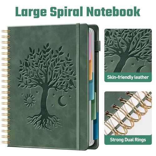 Hardcover Spiral Notebook 8.5" x 11" with 5 Removable Dividers 300 Pages Leather 5 Subject Notebook College Ruled 100GSM Large Spiral Notebooks for Work Thick Lined Journal for Women, Green