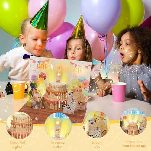 Musical Birthday Cards, Funny Pop Up Cat Birthday Card with Colourful Lights, Greeting Card with Blow Out Candles & DIY Numeric Ages, Birthday Cards for Kids, Boys, Girls, Men, Women, Wife, Cat Lovers