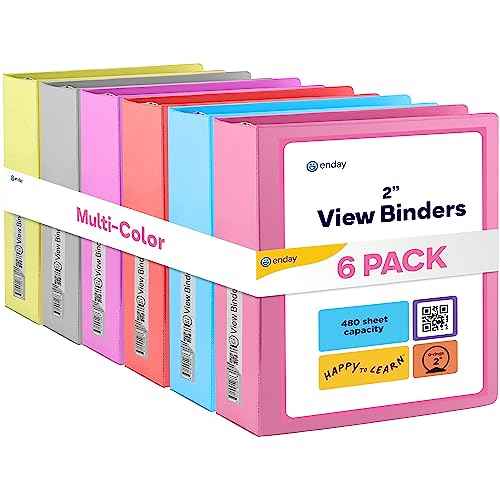 3 Slant D-Ring Binder 2 Inch Binder, 2 in Clear View Cover w/ 2 Inside Pocket, Heavy Duty Colored School Supplies Binders in Grey, Blue, Pink, Red, Green, Purple, Multicolor (6 PC) ? by Enday