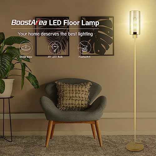 BoostArea Gold Modern Floor Lamp With Glass Lampshade - Simple Design Standing Lamp for Living Room, Bedroom, Office, Kids Room, Reading
