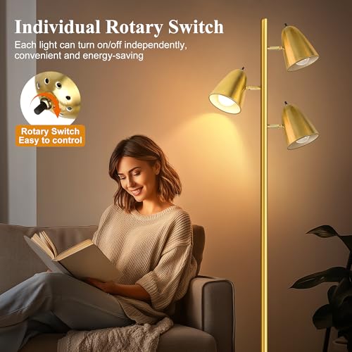 QiMH Tree Floor Lamp with 3 Light Bulbs, Standing Tall Pole Lamps for Living Room Bedroom Office, Reading Stand up Lamps with 3 Adjustable Arms, Brushed Gold