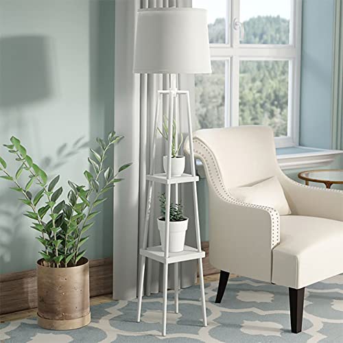 Catalina Lighting 21405-001 Modern Metal Floor Lamp with Shelves and Beige Linen Shade for Living, Bedroom, Dorm Room, Office, 58", White