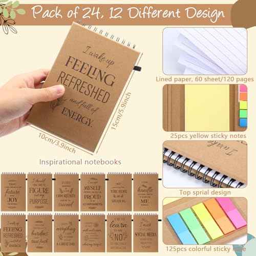 Pasimy 24 Set/48 Pcs Christmas Employee Appreciation Gifts Bulk Positive Affirmation Spiral Notebooks with Sticky Notes and Bamboo Pens 60 Sheets for Women Men Office School Holiday, 3.9 x 5.9 Inches