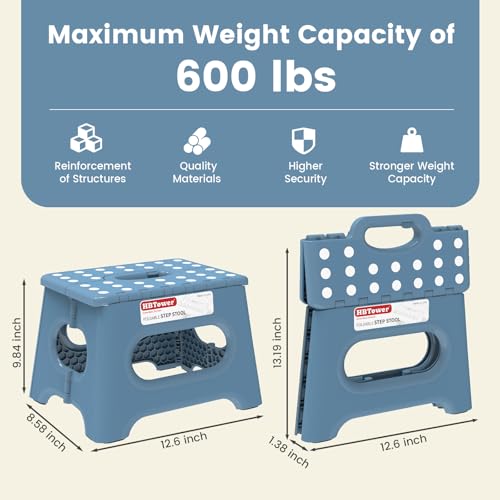 HBTower 9 Inch Folding Step Stool Blue 600 LBS Capacity Safety Lock