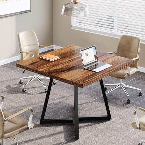 Tribesigns 31.5" Square Conference Table Brown & Black – Industrial Meeting Table for 4 with Metal Base, 1 Pack