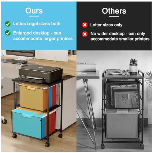 Letter/Legal Rolling File Cart with 2 Storage Drawers, Under Desk Storage, Vertical Filing Cabinet for Home Office, Hanging File Folders Organizer, Mobile Utility Cart Printer Stand, Black