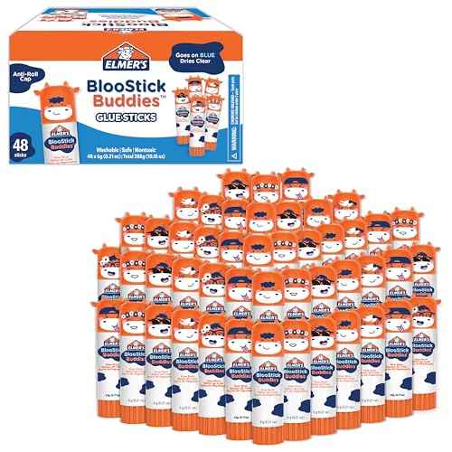 Elmer's BlooStick Buddies Glue Sticks, Disappearing Blue Glue Stick, Anti-Roll Cap, 6g, 48 Count, #1 Teacher Brand