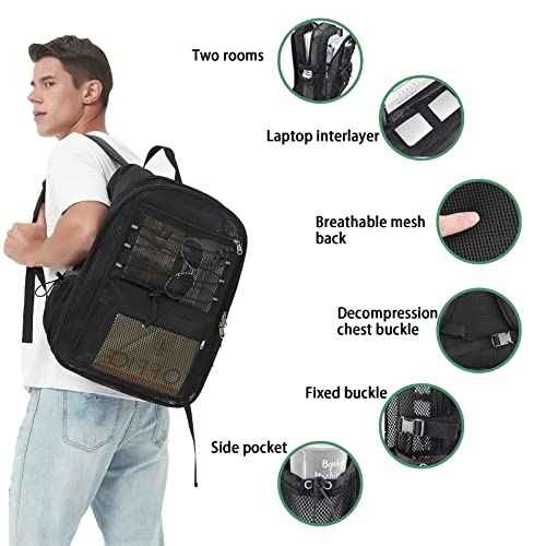 Mesh Backpack Heavy Duty for School, 35L Extra Large Mesh Bookbag for Adults, See Through Mesh Black School Bag with Laptop Pocket for Work Swimming Beach Fitness Sport