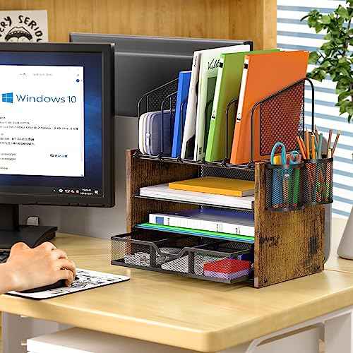 4-Tier Mesh Desk Organizer, Wooden Desk File Organizer with 5 Vertical File Holders and 2 Pen Holders, Desktop Organizers and Accessories with Drawer for Home Office