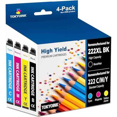 TOKYOINK 222XL Ink Cartridges Combo Pack Remanufactured Replacement for Epson 222 Ink Cartridge 222XL 222 XL Works for WF-2960, XP-5200 Printer (Black, Cyan, Magenta, Yellow 4 Pack)