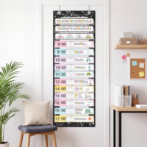 MotiMind Classroom Daily Schedule Pocket Chart with 21 Reusable Cards - Macaron Color / Composition Notebook Variant, 13 x 36 Inches