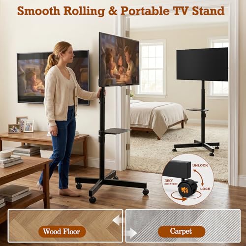 SIMINGTEC Rolling TV Stand on Wheels for 23-60 inch Flat/Curved TVs – Black with Shelf
