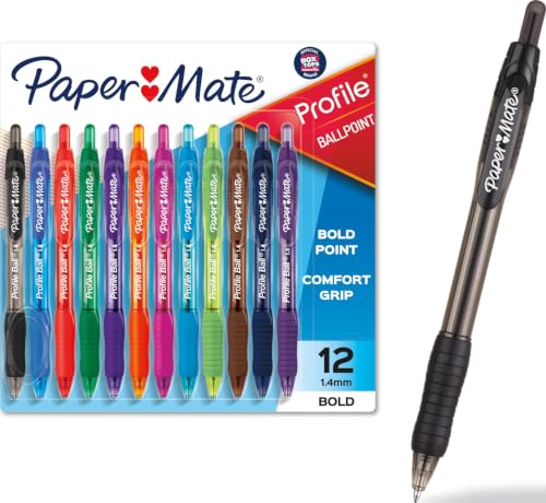 Paper Mate Profile Retractable Ballpoint Pens 1.4mm, Assorted Colors, 12 Pack