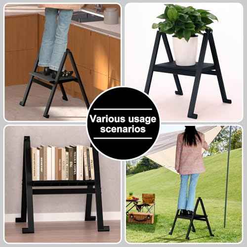 Folding Step Stool,Aluminum Ultra Thin Stool,400 Lbs Capacity Heavy Duty with Anti-Slip Sturdy and Wide Pedal,Closet Step Ladder for Home,Kitchen,Office and Dorm Bed (Black)