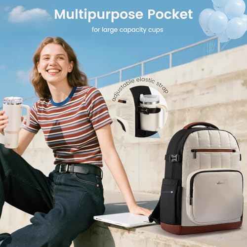 LOVEVOOK Laptop Backpack Women with Pouch Pocket for Large Capacity Cup,17 Inch Lightweight Puffer Computer Laptop Bag Travel Backpack Purse for Work College Teacher Personal Item,Black-White-Brown