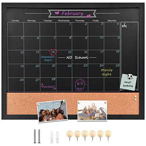Magnetic Chalkboard Calendar Corkboard, 23.6" x 31.5" Combination Chalk Board Bulletin Board, Blackboard Calendar Cork Combo Board, Black(BK-6080)